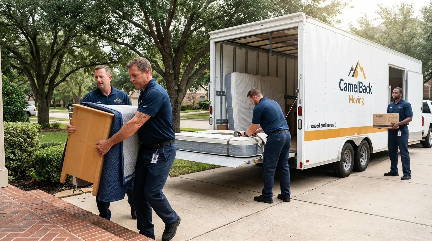 Crew loading residential truck for cross-state move from Nashua, NH