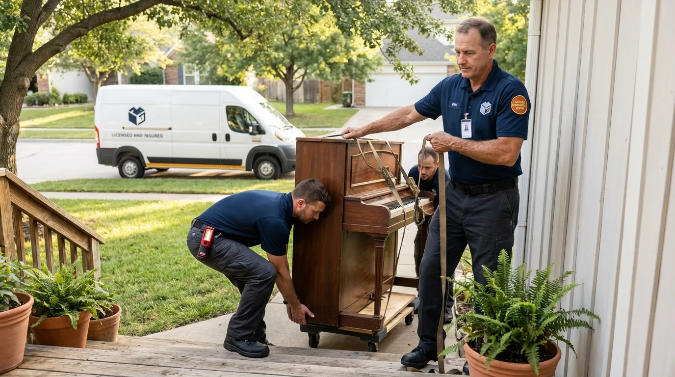 Licensed piano movers securing grand piano in Nashua, NH
