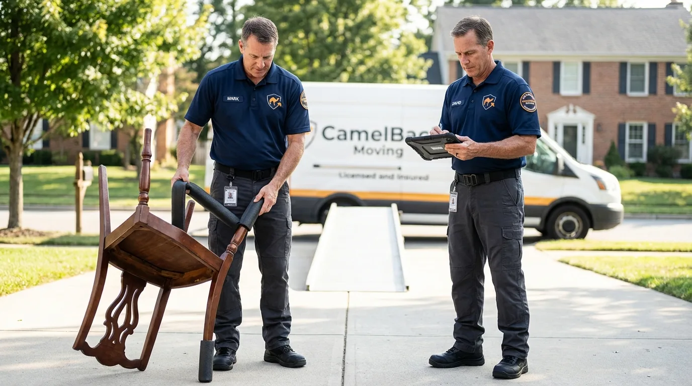 Movers inspecting furniture for damage prevention before loading in Nashua, NH
